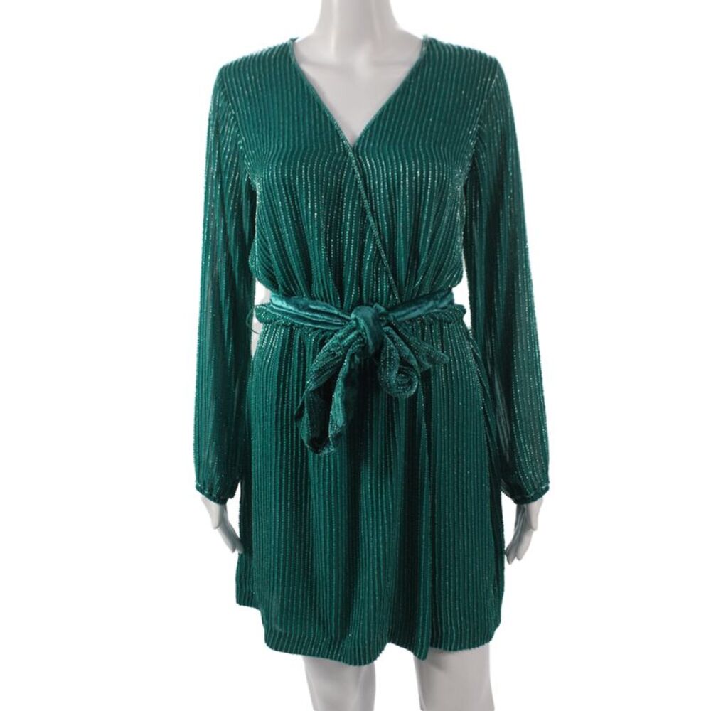 Karina Grimaldi Women Wrap Dress Green Silk V Neck Long Sleeve Short Size S
